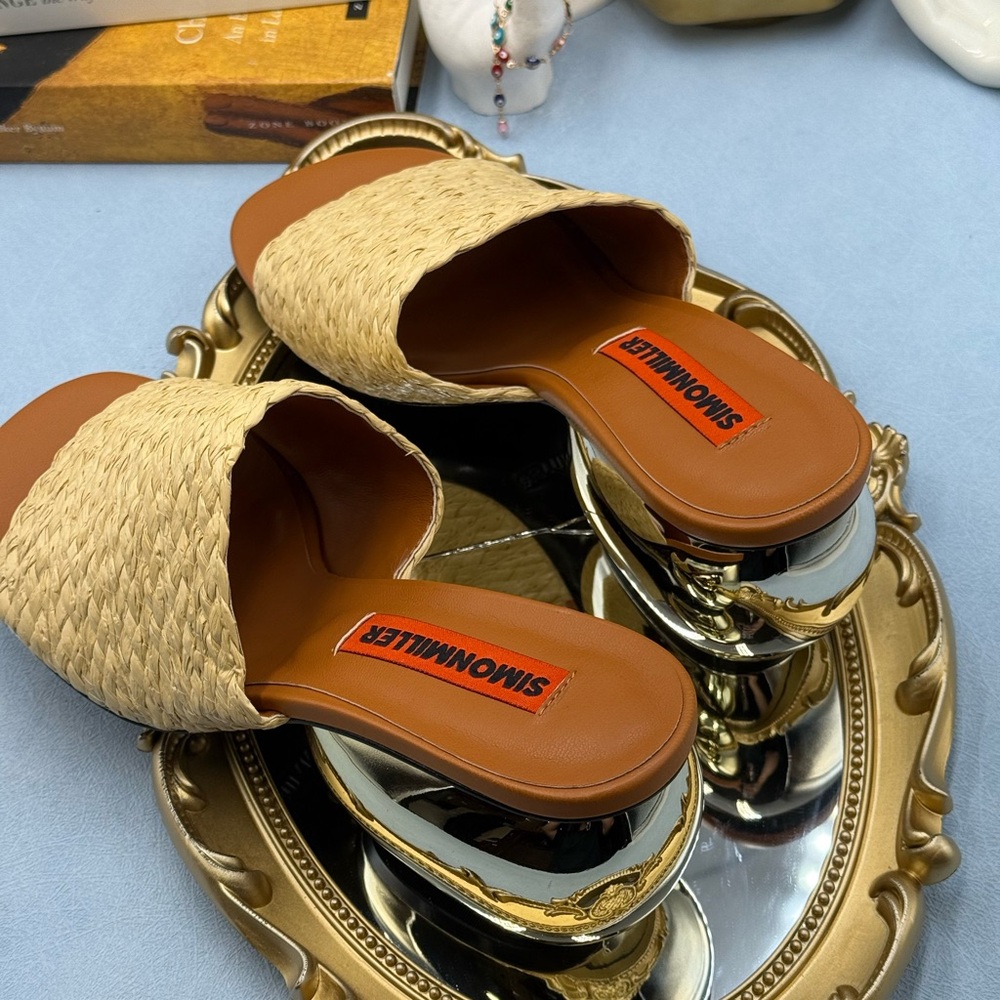 🆕 SIMONMILLER 🧿 NWOB Braided Raffia Moderno Sandals, Sculptural Heel Sz39 US 9 - Picture 10 of 14